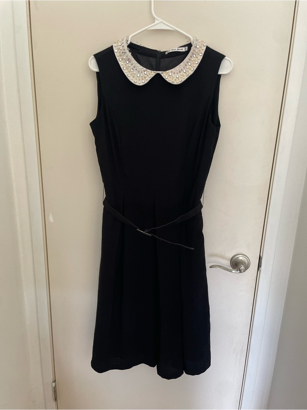 Black Sleeveless Dress with Embellished Peter Pan White Collar-Fit Flare